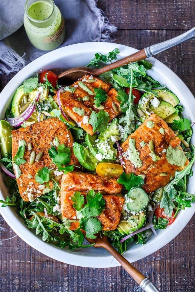 Grilled Salmon Salad with Creamy Cilantro Lime Dressing