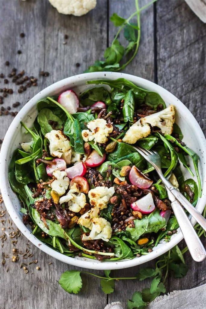 Indian Spinach Salad with Lentils Cauliflower