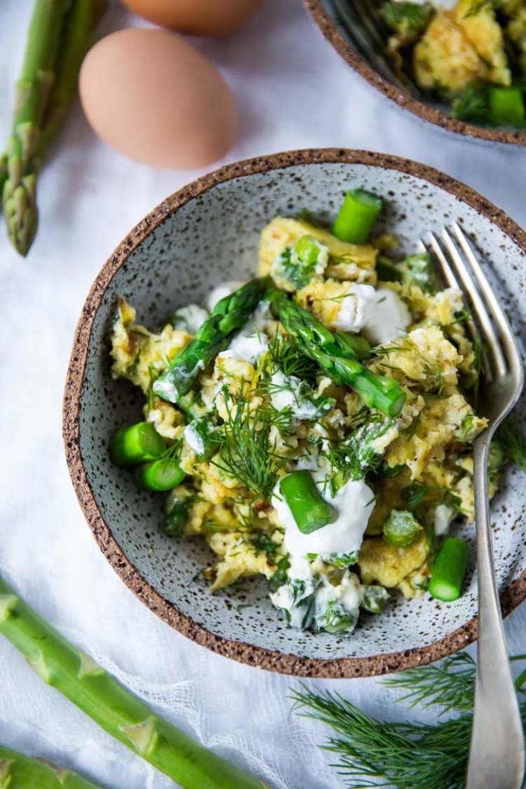 Scrambled Eggs with Asparagus Leeks Chevre and Dill