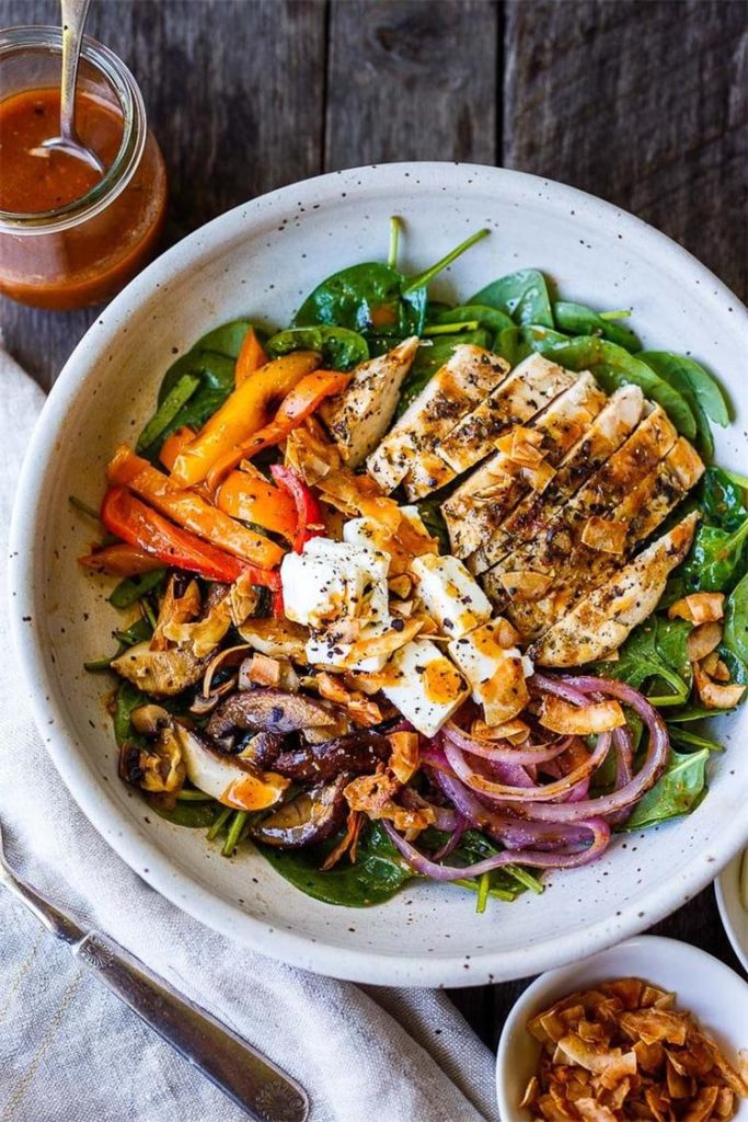 Spinach Salad with Grilled Veggies Herb Chicken